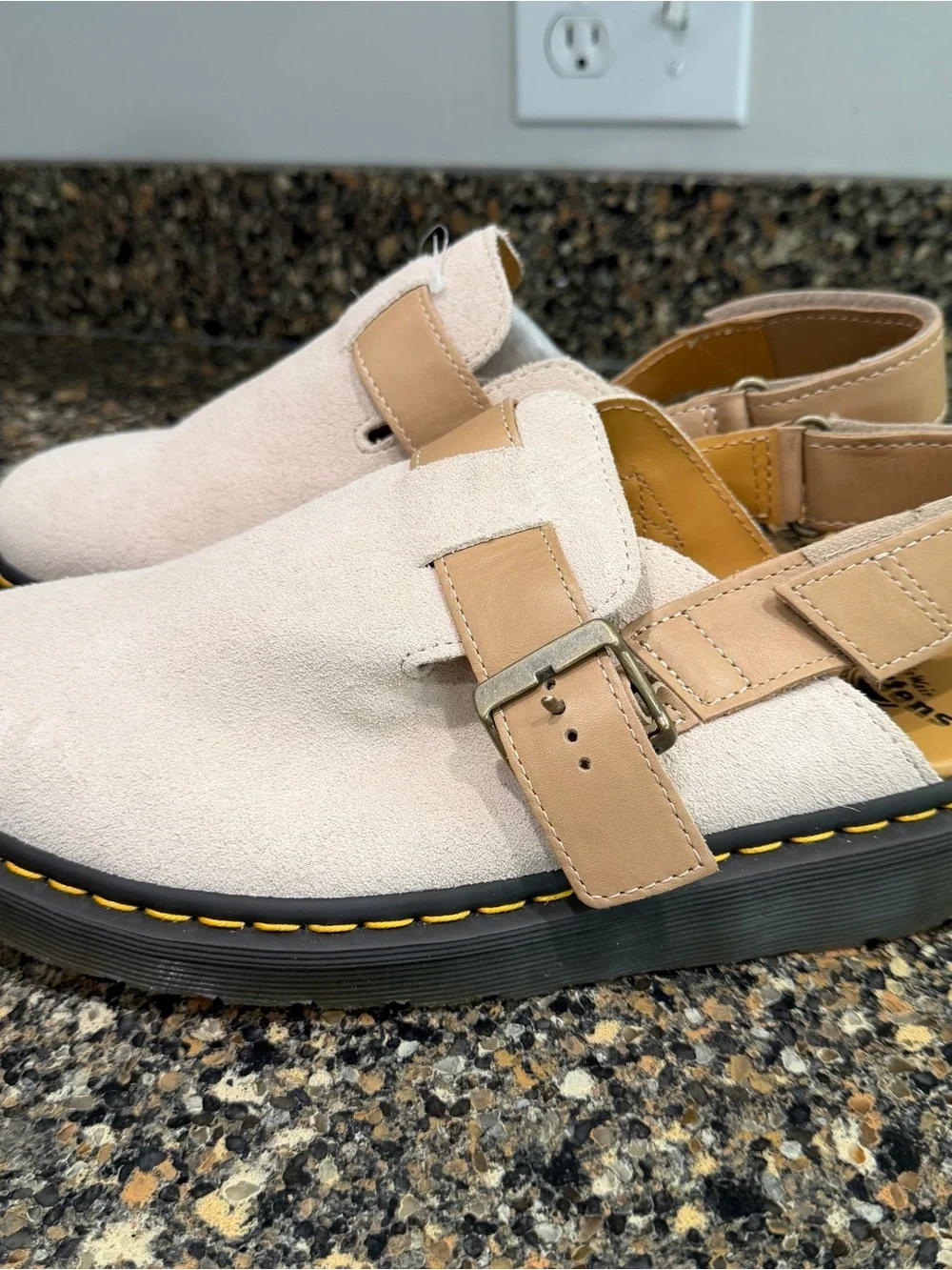 Dr martens Jorge Beige Suede Slingback Clog with Yellow Stitching